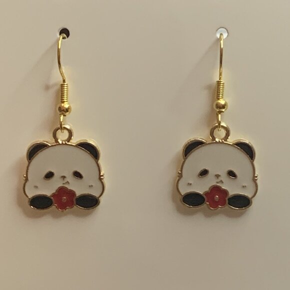 Panda Earring, Panda Bear Jewelry, Gift, Panda Jewelry, Flower Earring, Flower - Picture 8 of 8